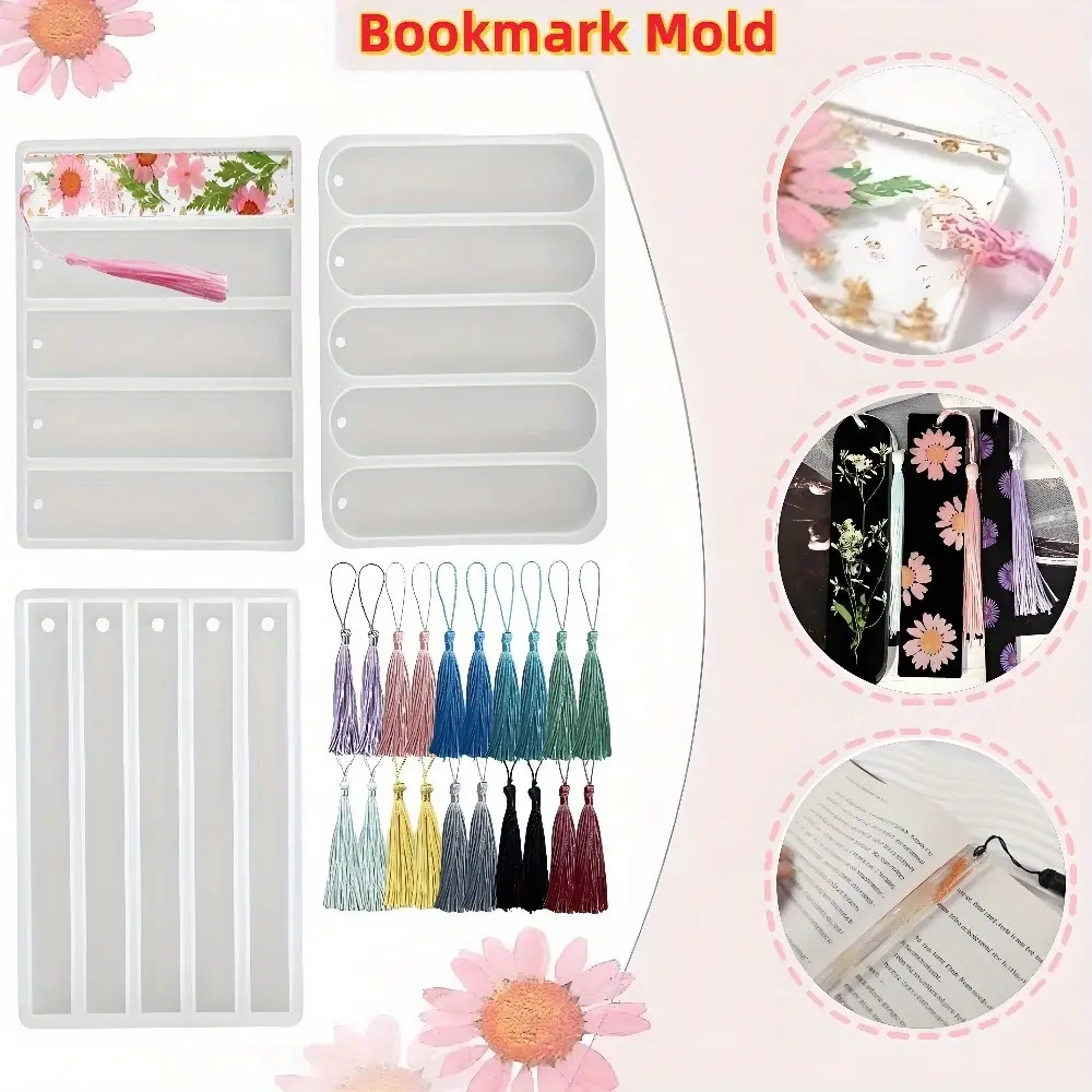 3-Piece Shiny Silicone Bookmark Mold Crafting Kit - Rectangle & Oval UV Resin Molds with 20 Tassels for Decorative Bookmarks, Handmade Artistry, Personalized Gifts, Preserving Flowers, 3 Pieces Molds + 20 Pieces Tassels