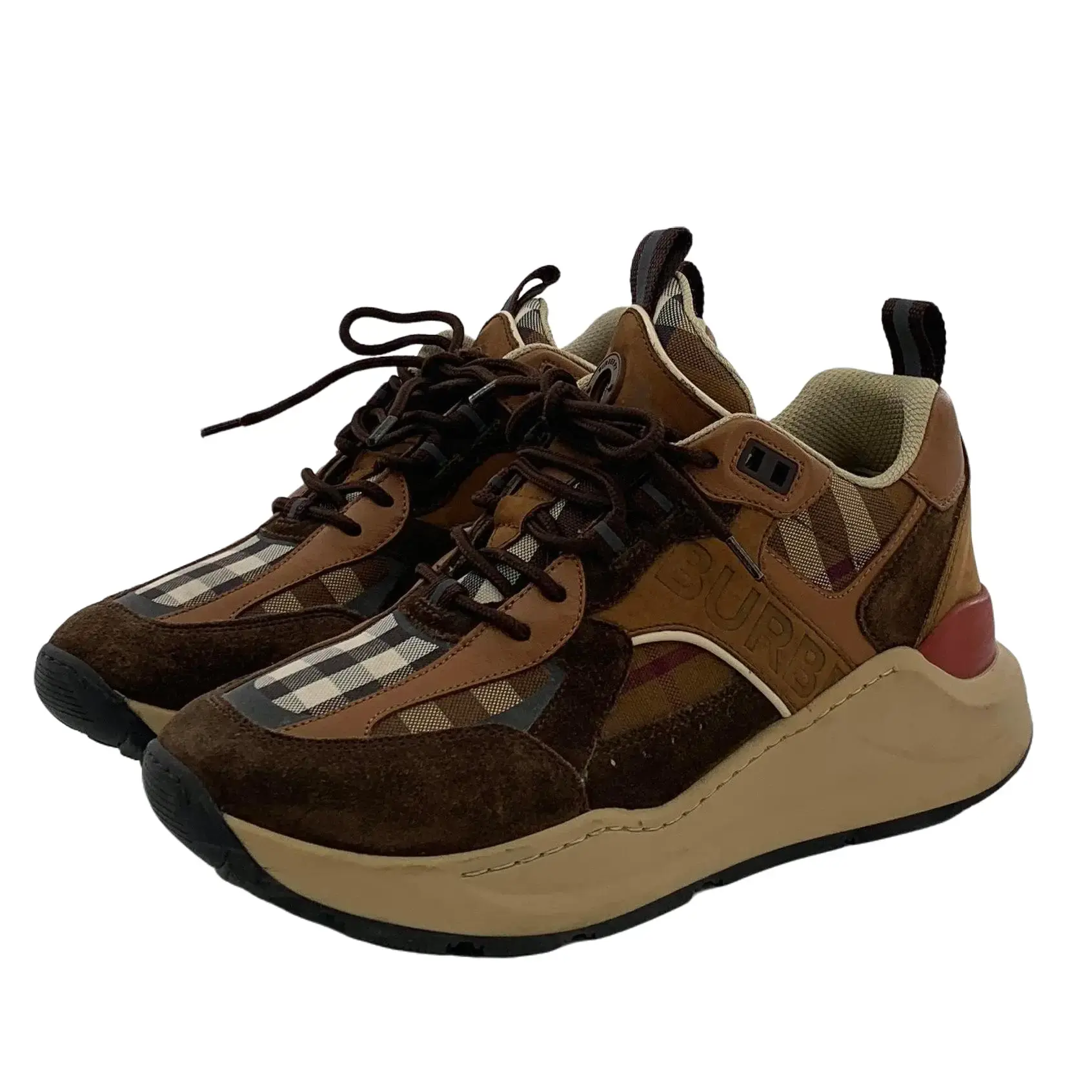 RDLT-Burberry Size 39 Dark Brown Check Logo‑Panel Lace‑up Flat Sneakers-X38016