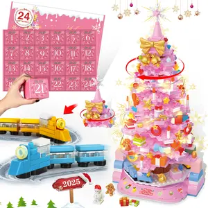TOKMOC 2025 Rotatable Train Christmas Tree Building Block Set,Pink and Green,24 Days DIY Advent Calendar Surprise Christmas Countdown Mini Building Block Architecture,Christmas Gift and Home Decoration,For aged 12 and above,70001,1188 Pieces