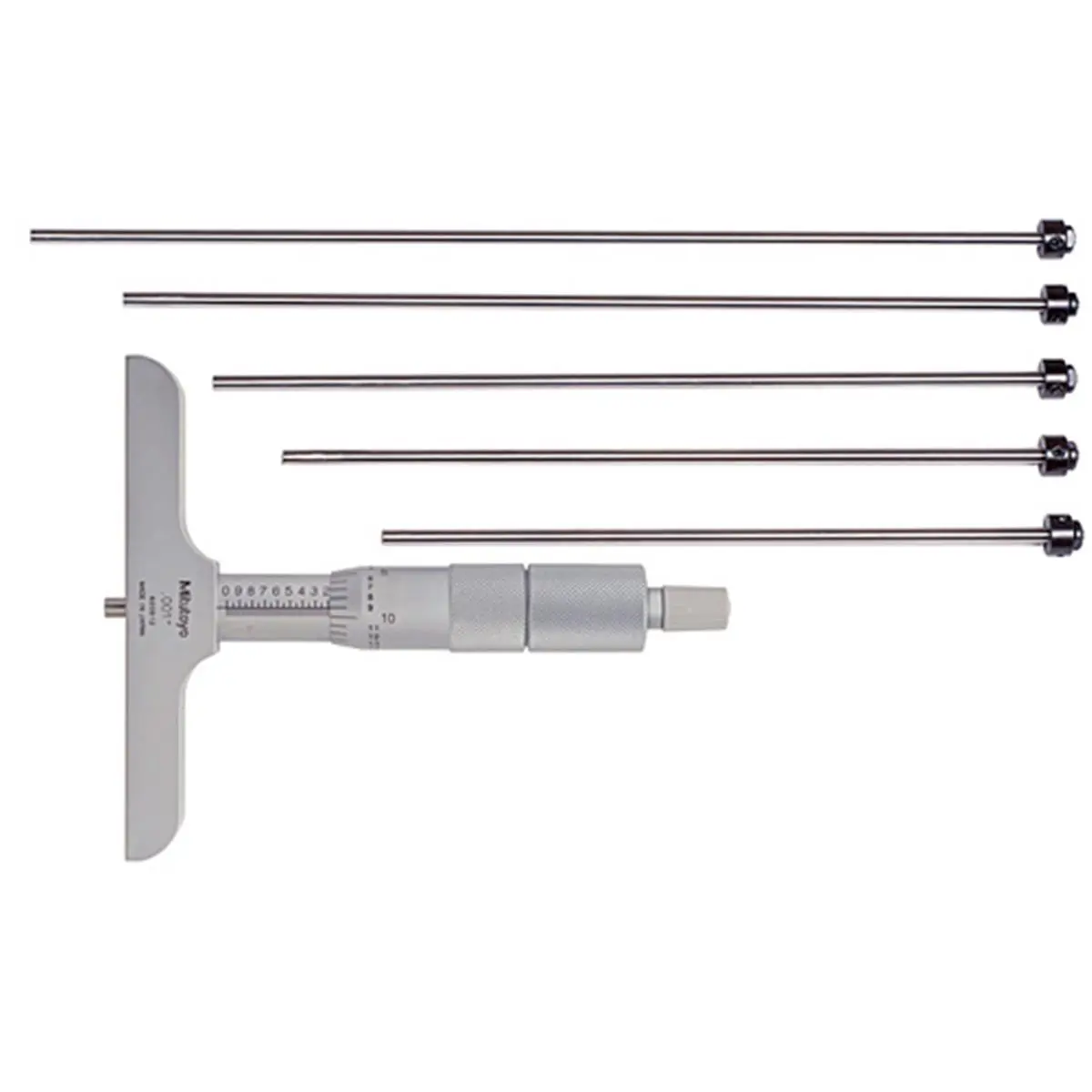 Mitutoyo Hand Measuring Tool Micrometer - 0-6 in. Depth Micrometer, 0.001 in. Graduation Graduated Scale, 4 in. Base, Satin Chrome Finish, Adjustable for Wear Interchangeable Rods, Ratchet Stop