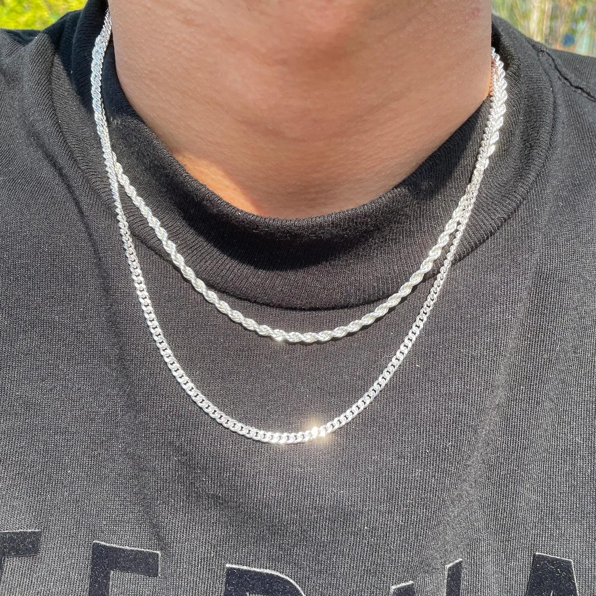 Men's 2-Piece Silver Chain Necklace Set - 3mm Layered Cuban Link & Rope Chain (18"-28") - Trendy Summer Jewelry Gift for Boyfriend, Birthday & Anniversary Presents for Him