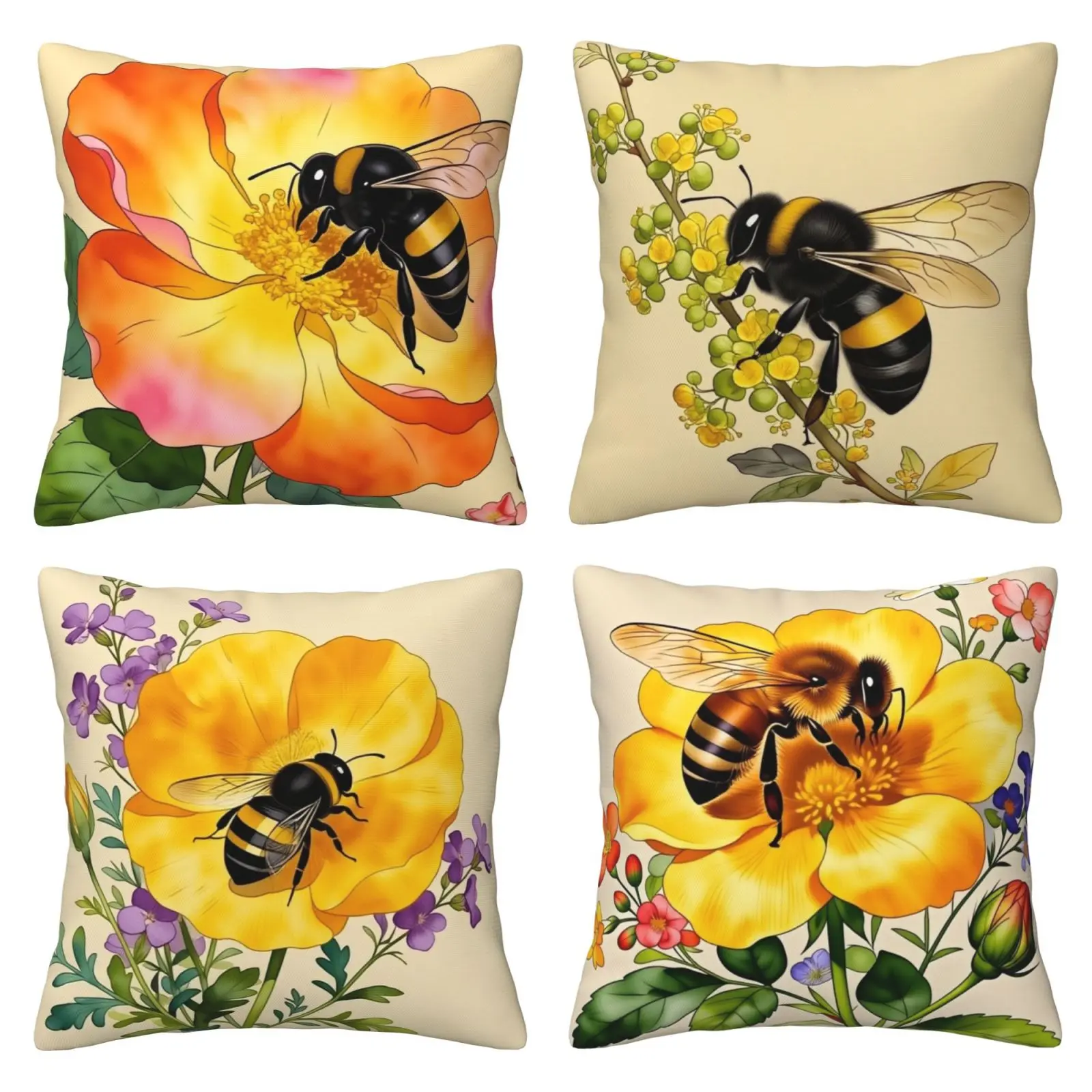 Spring flower pillow cover, retro bee flower decorative cushion cover, farmhouse style spring summer garden pillow cover, suitable for rural style sofas, benches, porches, 4-piece set with double-sided printing, Home Textile