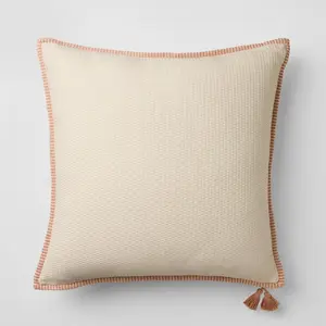 Threshold Designed with Studio McGee Oversized Square Throw Pillow Cover – Cotton Linen Texture, Tassel Trim, Boho Farmhouse Decor, Orange/Cream