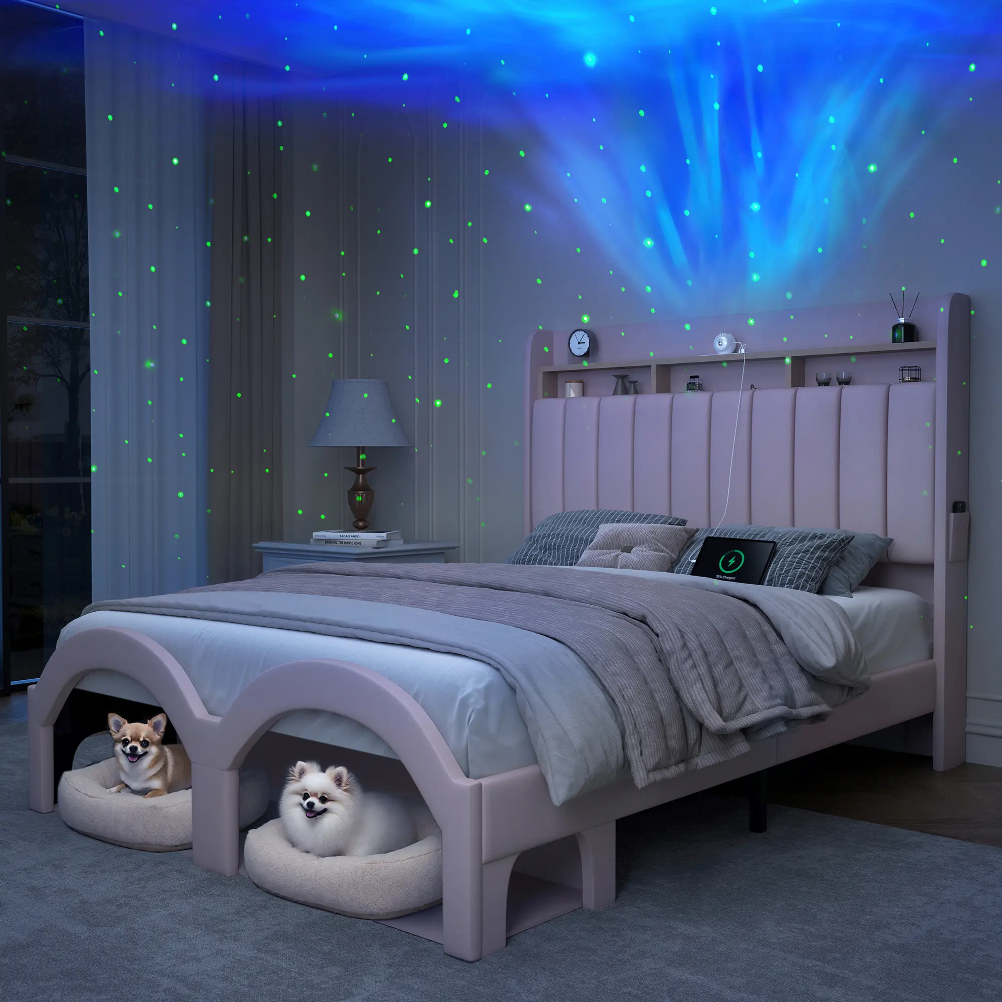 Sibeds Bed Frame with 2-Tier Storage, Teen Girl Bedroom Furniture with Fabric Headboard, Faux Leather Aurora Platform Bed with Galaxy Star Projector, Scratch-Resistant Upholstered Bedframe with Open Footboard Storage,Best Gift ldeas/Christmas Gifts