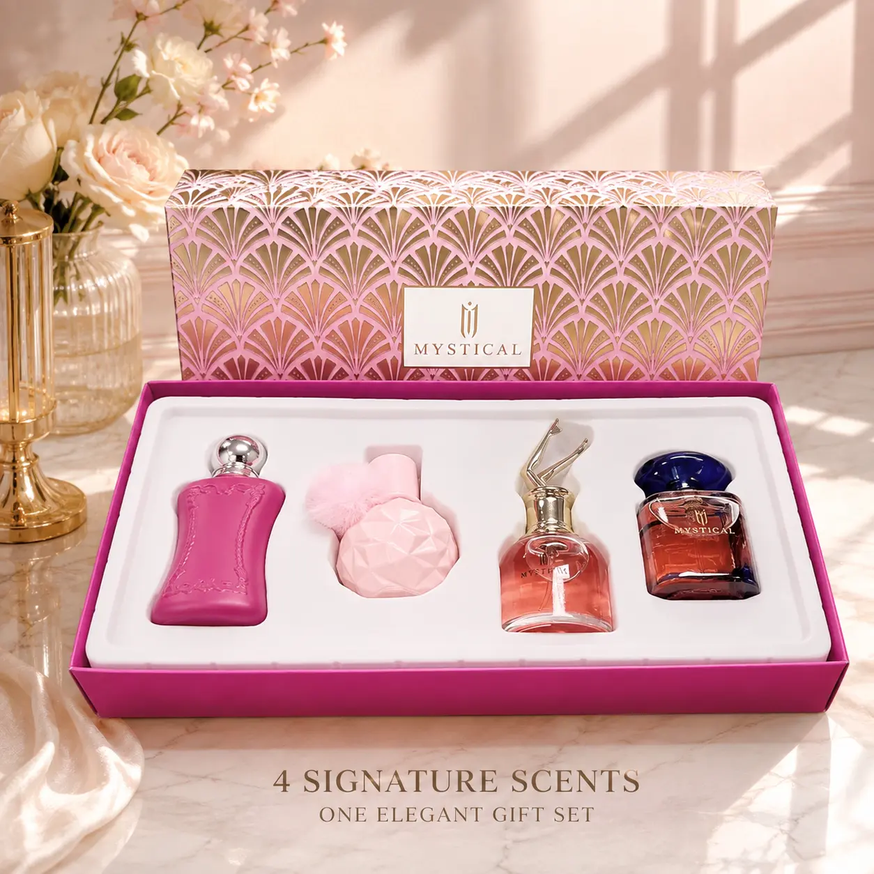 Women’s MYSTICAL 4-Piece Eau de Parfum Collection, 30ml Each with 4 Signature Scents, Elegant Pink-Gold Box for Daily Wear & Dates