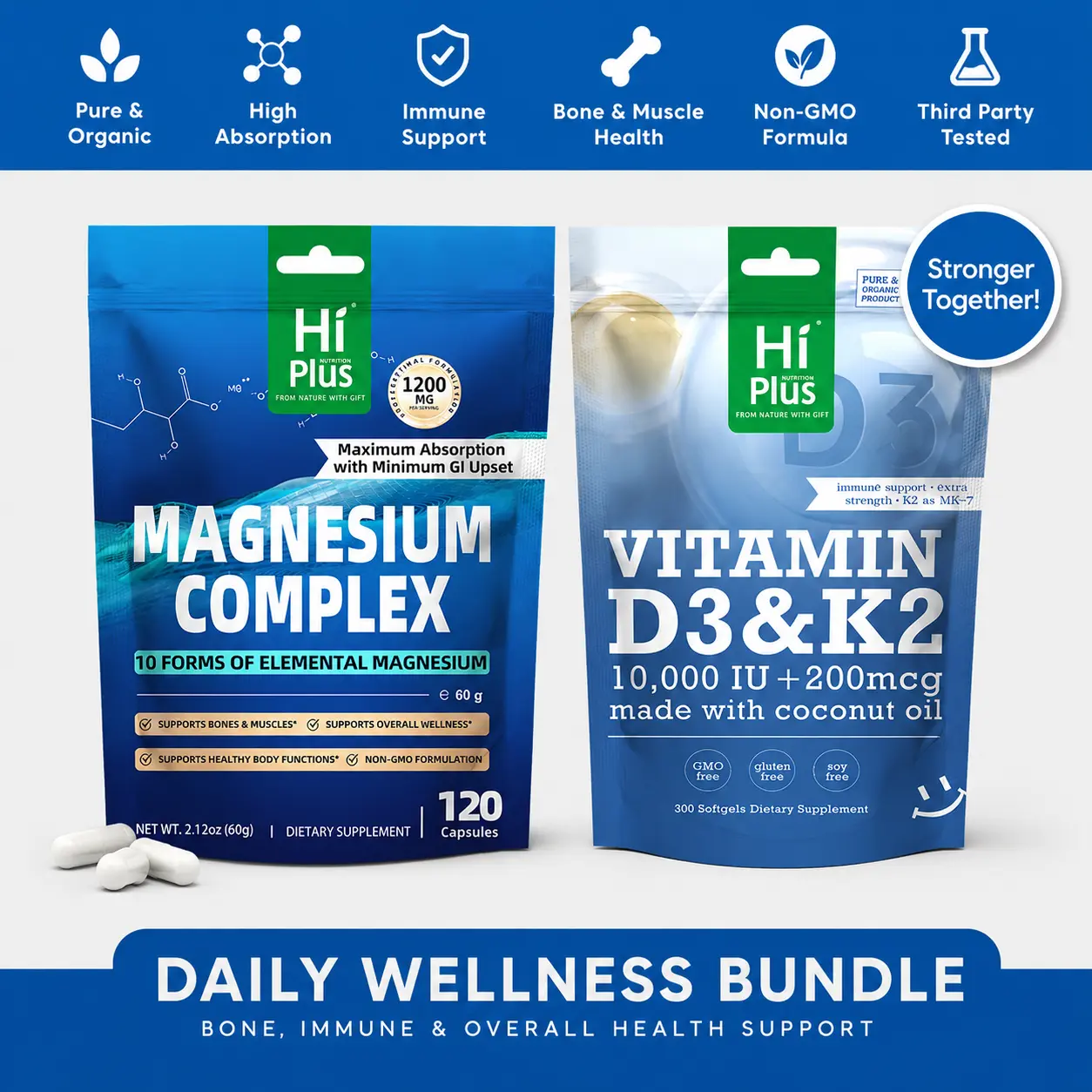 HiPlus Anxiety support combo Magnesium Complex,Vitamin D3 & K2 Stack for Sleep, Bones & Immune Health.Gluten-Free, Vegan, Non-GMO & Gelatin-Free