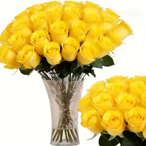 21 realistic rose bouquets-yellow roses and green leaves, gift box for home decor, weddings, Valentine's Day, Halloween, thanksgiving-no vase, durable Decorative plastic flowers for free collocation, Artificial Fake Flowers