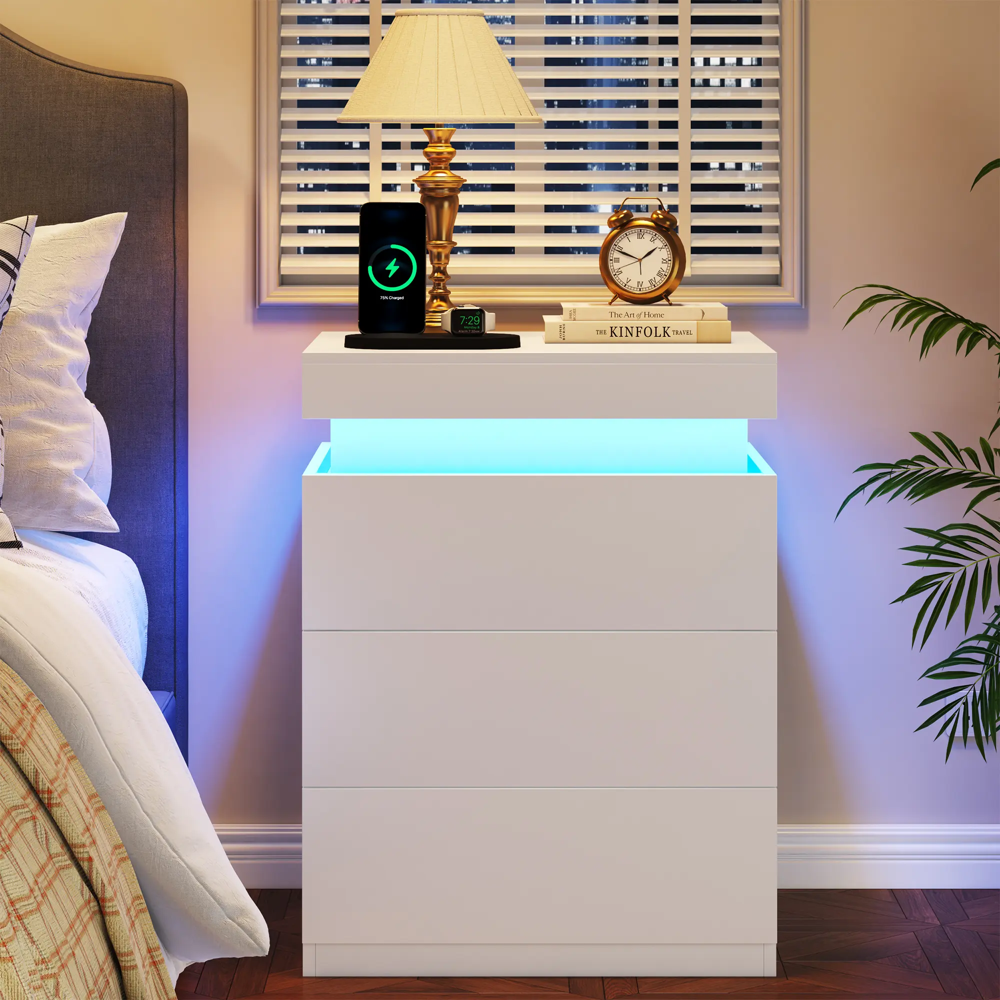 TryLazy Furniture Nightstand With Sliding Top Charging Station And LED Lights Furniture Bedroom Modern Design Bedside Table Drawer Home