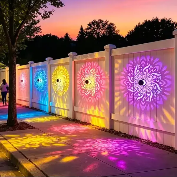 4-Pack Artistic 7 Colors RGB Solar Mandala Glow Projector Wall Lamp, Durable Waterproof Metal Fence Light, Outdoor Decorative Solar Outdoor Lights for Garden, Halloween, Christmas
