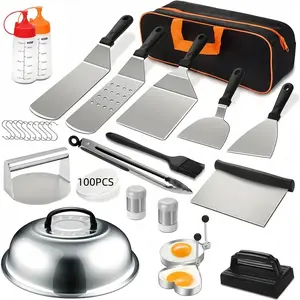 128pcs Stainless Steel BBQ Grill Accessory Kit, Food-Safe BBQ Tools Set, with Spatulas, Tongs, Basting Brush, Egg Rings, and Carrying Case, for Outdoor Grilling, Picnics, and Kitchen Use Barbecue Utensils Kitchenware