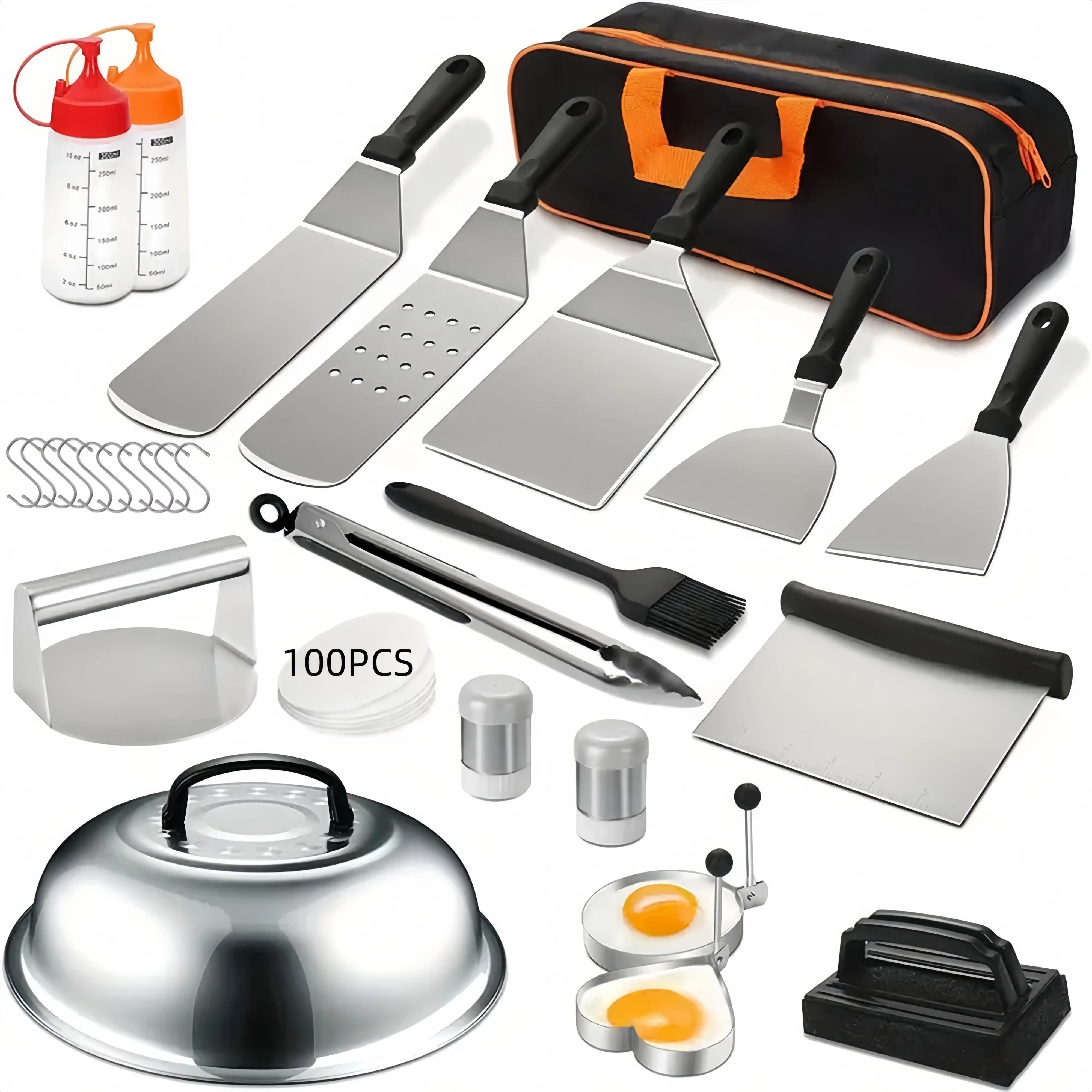 128pcs Stainless Steel BBQ Grill Accessory Kit, Food-Safe BBQ Tools Set, with Spatulas, Tongs, Basting Brush, Egg Rings, and Carrying Case, for Outdoor Grilling, Picnics, and Kitchen Use Barbecue Utensils Kitchenware