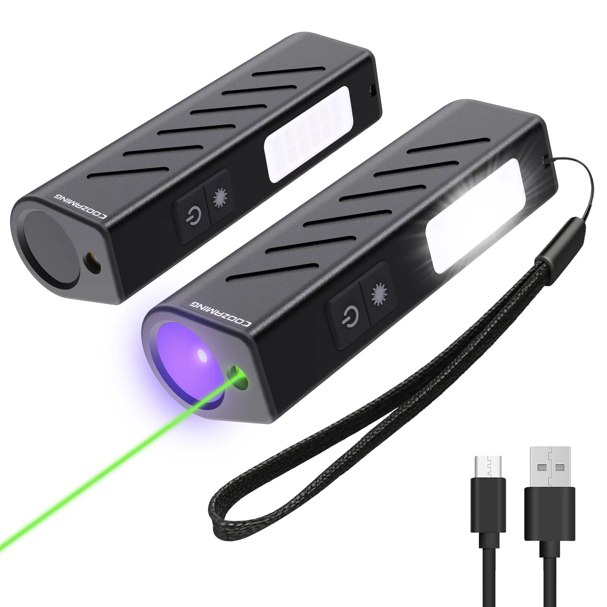 2-Pack 365nm UV Rechargeable Flashlight Torches - Aluminum 3-in-1 Mini Portable UV Lamp with Black Light, Green Laser Pointer, Side Illumination, USB Port, Batteries for Adults' Pet Urine Stain Detection, Car Repairs