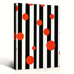 1 piece of modern abstract black and white striped canvas wall art with red dots in a wooden frame - Polka Dot and Stripe Painting, suitable for living room, bedroom, office - Minimalist room decoration, Scandinavian style framed painting, 2D flat, perfec