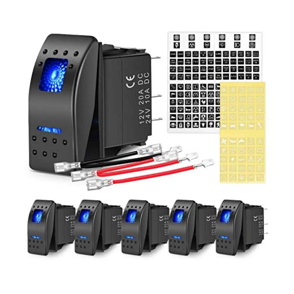 Nilight 6PCS 5PIN SPST On/Off Rocker Switches with 6 Sets Jumper Wires, 20A/12V 10A/24V ABS Plastic, Blue Lighting, Night Glow Sticker, 2-Year Warranty (90131F) - Truck & Boat Electrical Switch Accessories