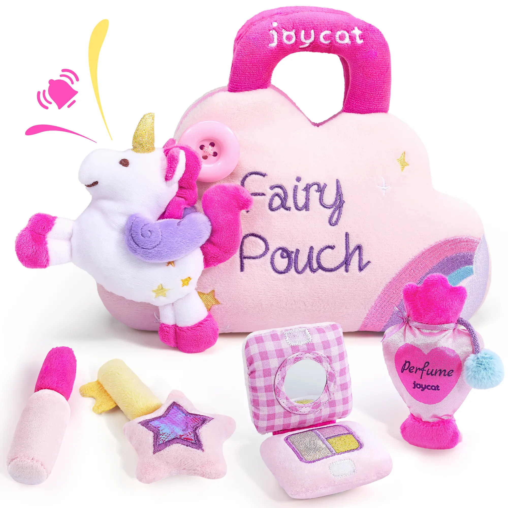 JoyCat Unisex 5-PC Montessori Plush Toys Playset - Unicorn Theme First Makeup Purse Bag for Girls with Perfume, Lipstick, Palette, Star Key, Soft Stuffed Toy, Birthday Gift summerwins