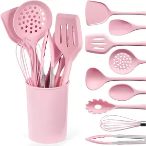 Pink Cooking Utensils Set 10PCS Silicone Kitchen Tools Heat Resistant for Nonstick Cookware Home Gift Essential Tools