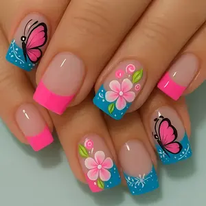 Medium-Length Colorful French Flower Butterfly Glossy False Nails, 24-Piece Removable Reusable Nail Art Design, Easy Daily Wear, Party, Vacation, Holiday