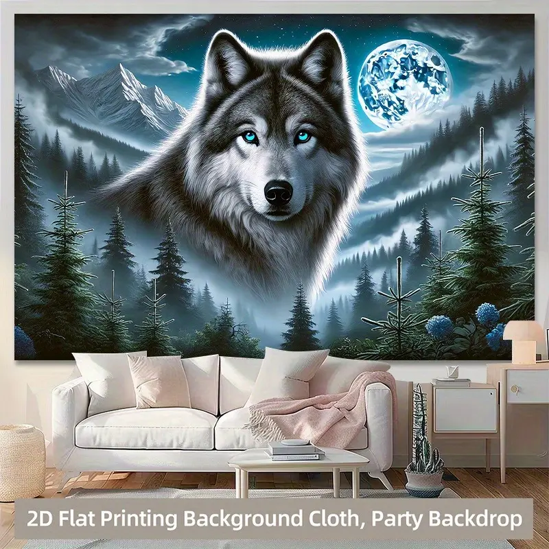 Classic Watercolour Animal Moon and Wolf Retro Polyester Tapestry - Decorative Multi-functional Premium Home Decor Supplies, Suitable for Living Rooms, Outdoors