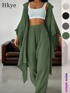 Women's Casual Two-Piece Set, Wide-Leg Pants & Loose-Fit Woven Cardigan Jacket, Comfortable for Spring Daily Wear, Stylish Women's Clothing