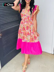 Summer Elegant Feminine Boho Floral Print Colorblock Ruffled Vneck Short Sleeve Maxi Dress, Women's Fashion Long Dress, Casual Summer Clothing & Party Wear, Womenswear