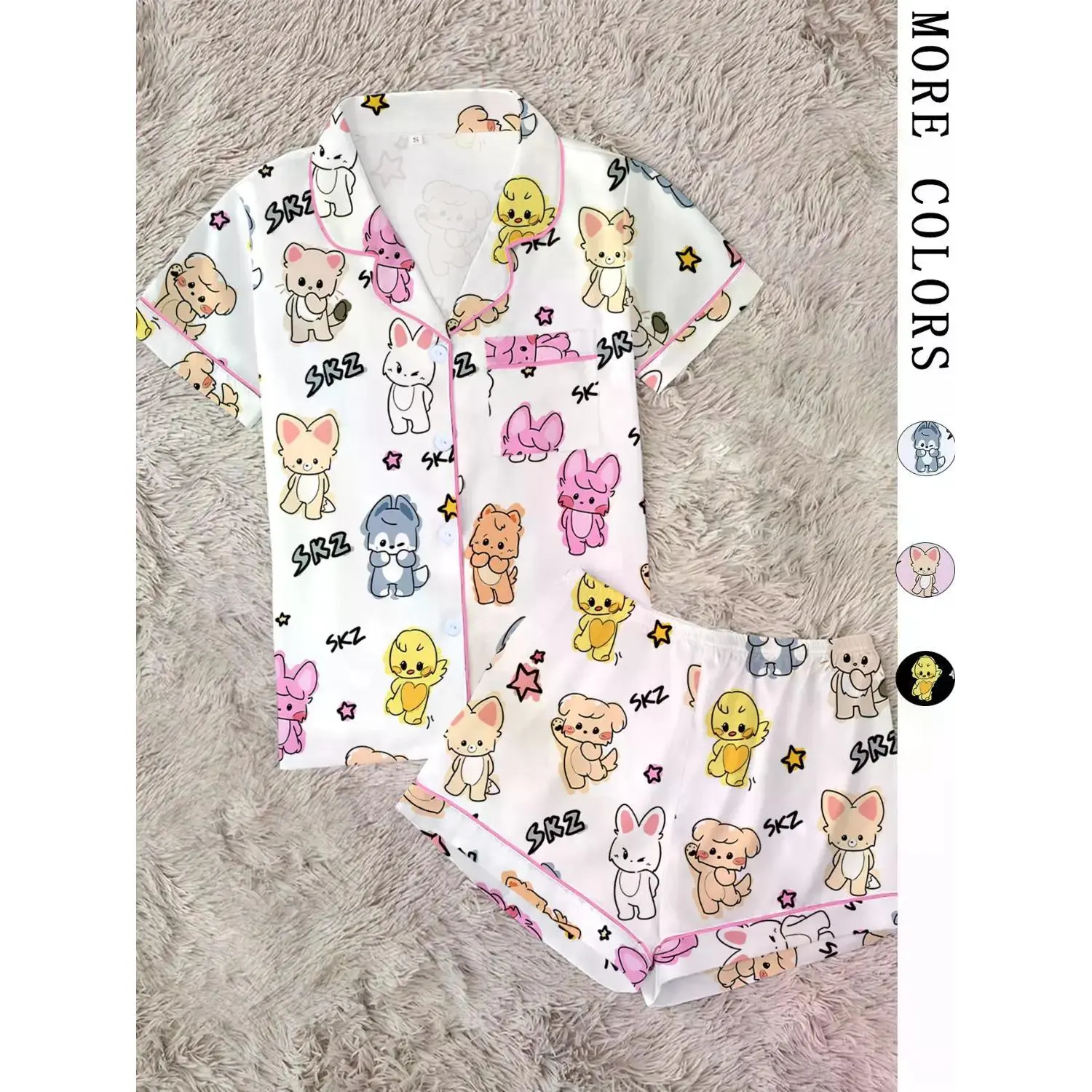 K-Pop Style Women's Kawaii Animal Print Pajama Set, 2-Piece Short Sleeve Sleepwear with Cute Cartoon Design, Ideal Summer Gift