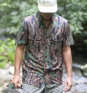 Ultra-Lite S.S. Button Up Shirt in GREENBARK CAMO - 94% Polyester 6% Spandex for Dove Hunting Fishing Boating