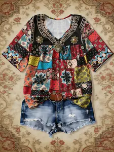 Boho Style V Neck Half Sleeve Blouse, Vintage Ethnic Patchwork Color Block Print, Comfortable Loose Fit, Plus Size Friendly Women's Casual Top Shirts, Womenswear
