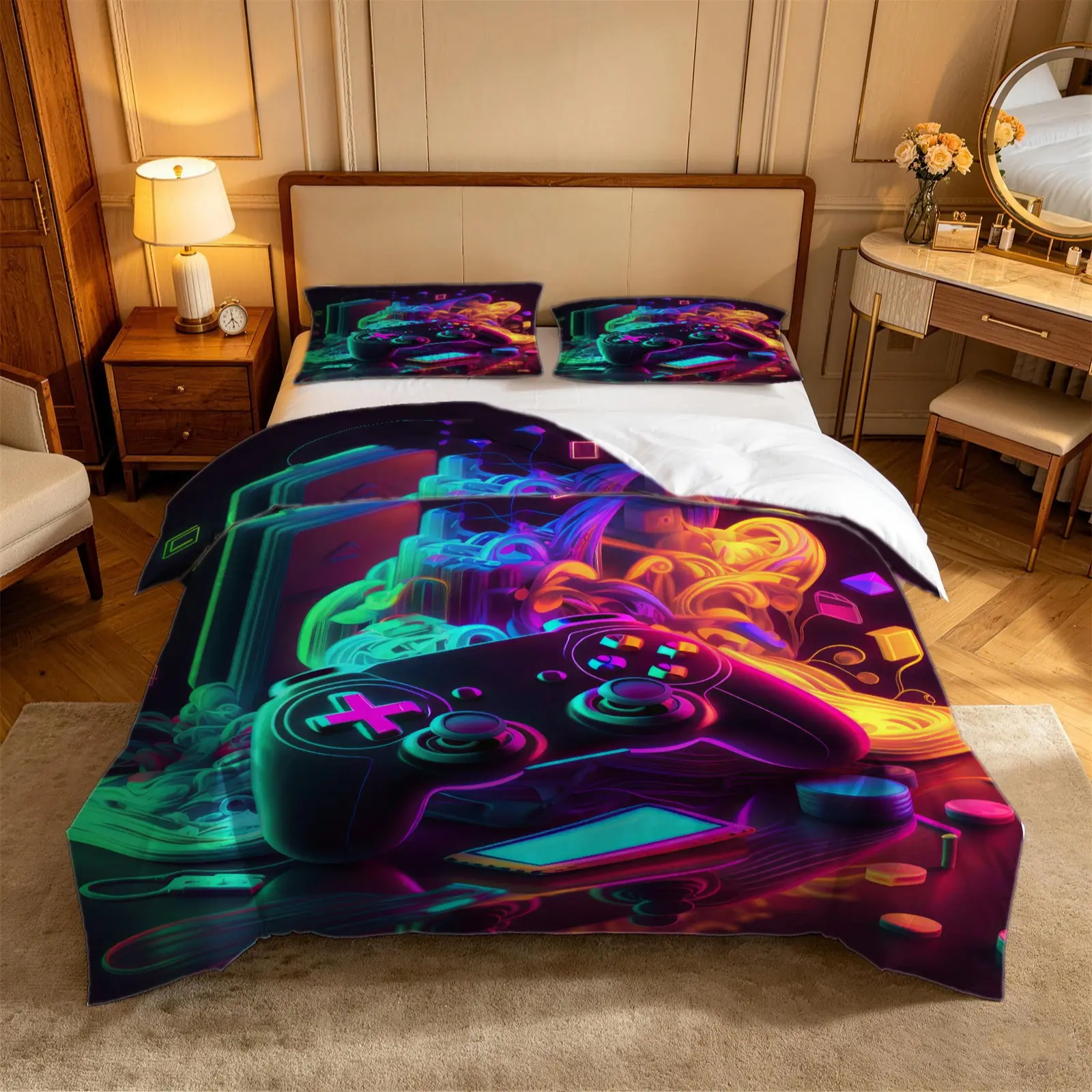 Trendy E‑Sports Themed Controller Duvet Cover, Niche Cyberpunk‑Style Controller Duvet Cover, Neon Controller Duvet Cover, Bed Cover. Comes without Stuffing, Combining Comfort With Stylish Aesthetics—the Perfect Accessory for Your Gaming Room