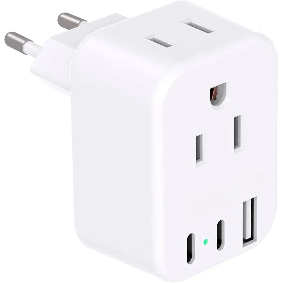 X-PSP09  European Travel Plug Adapter USB C, International Plug Adapter, US to Europe Adapter Plug 2 Outlets 3 USB Ports(2 C Port), Type C Power Adapter to Italy Spain France Portugal Iceland Germany