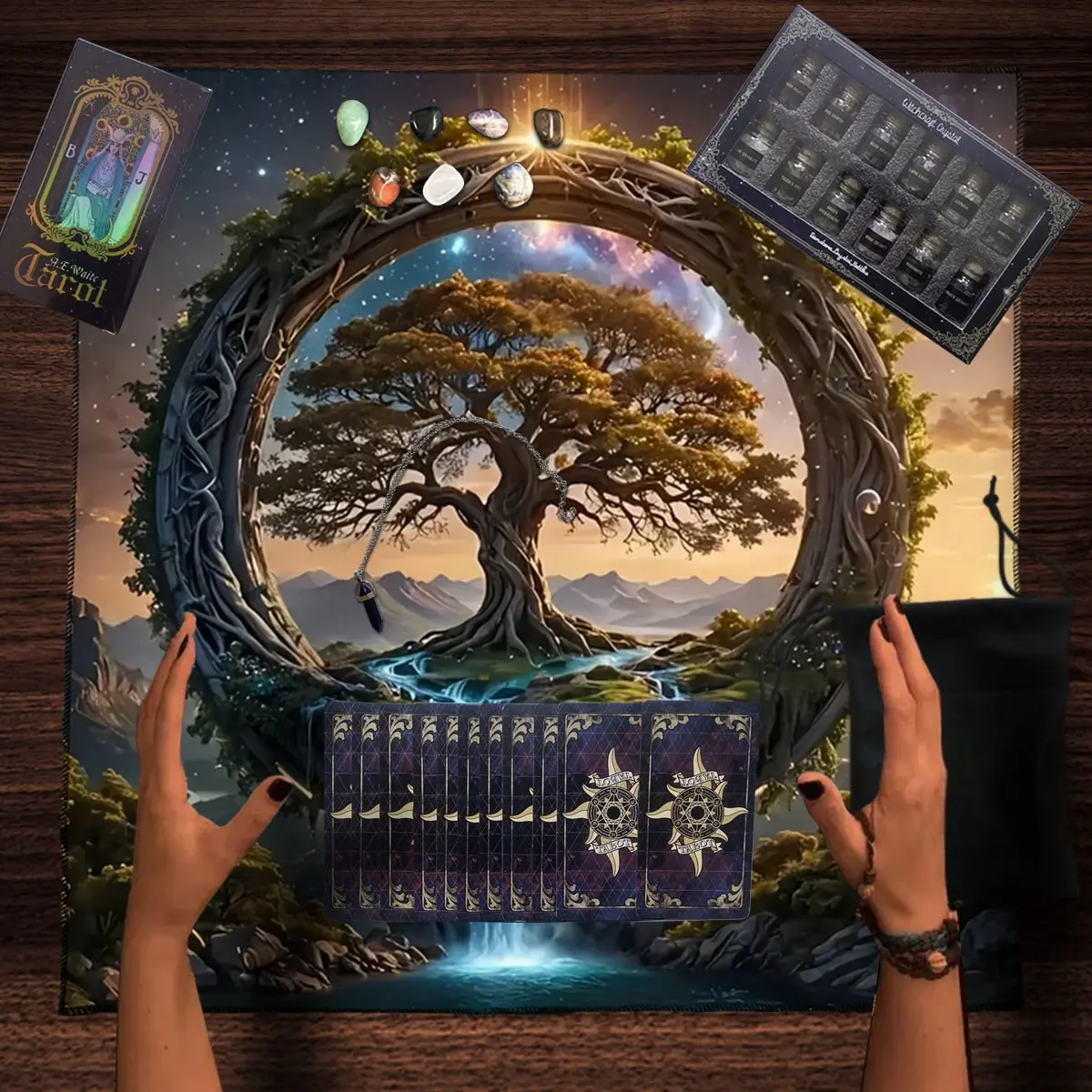 6PC Fantasy Style Tarot Decorative Set for Reading, Spiritual Exploration, including 78 Tarot Cards, 12 Mineral Bottles, 7 Chakra Stones, 1 polyester drawstring bag, 1 tablecloth, 1 pendant, astrological accessories for tarot scholars.