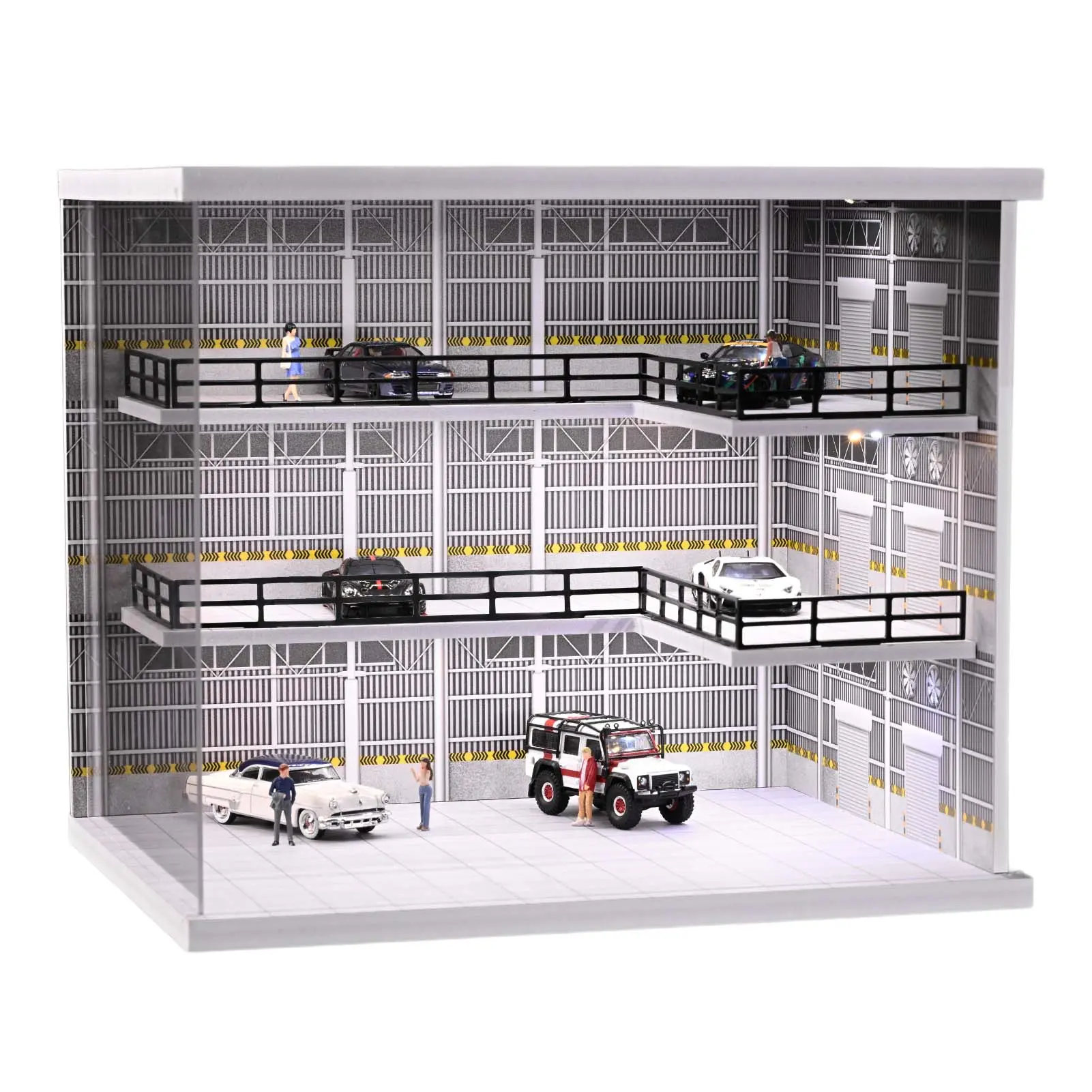 Diorama 1/64 Scale Car Garage Model LED Lighting City Parking Lot Scene Display Cabinet Diecast Three-Tier Steel Frame Garage Model