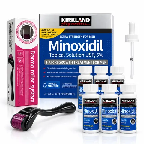 Kirkland Signature Minoxidil 5% Liquid Extra Strength Hair Loss Regrowth Treatment for Men USP Topical Solution with Dropper Included Peppermint Castor Blend Rosemary Biotin Haircare,back to school