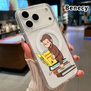Clear Phone Case for iPhone 17 16  Pro Max Plus 15 14 13 12 11 Air E Monkey's Book Delight  Pattern Magnetic Sunction Acrylic Back Full Body Protective Cover