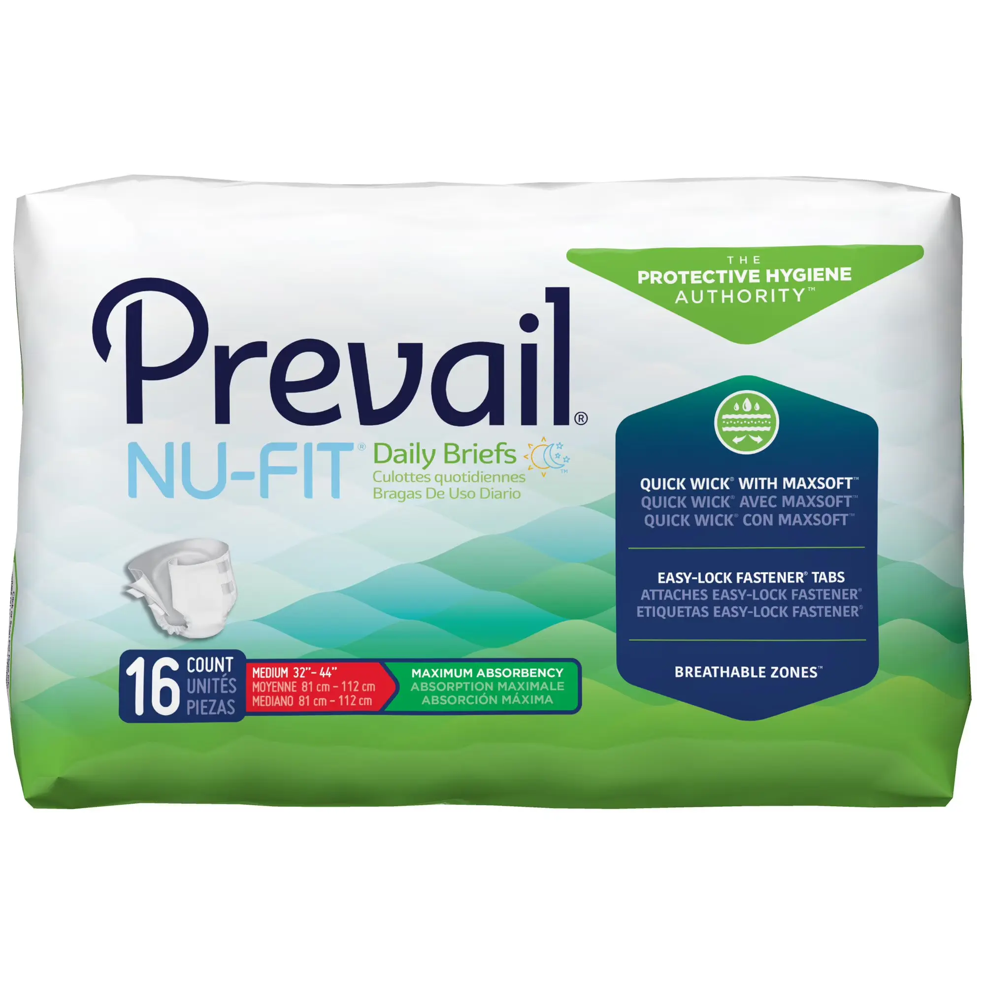 Prevail Nu-Fit Elastic Adult Incontinence Briefs, Medium Size (32-44 in Waist/Hip), Heavy Absorbency, Breathable, Refastenable Tabs, Courage Care System, NU-012/1, Max 16 Ct