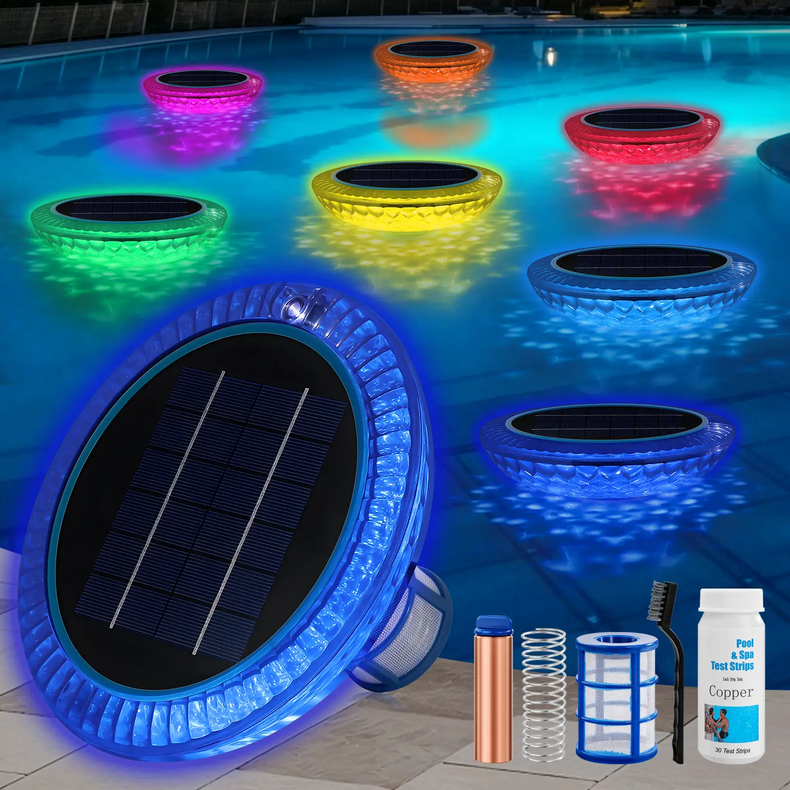 Pool Ionizer Solar with RBG LED Solar Powered,Copper Ionization,Floating Automatic Water Cleaner and Purifier,Up to 35,000 Gal,85% Less Chlorine, Chlorine Free Water Swimming Pool Accessories Swimming Pool Kit