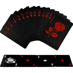 Waterproof Black Playing Cards PVC Plastic Poker Deck with Red Rose Flower Backing Washable Durable Cards for Magic and Parties
