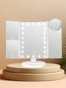 Three-fold makeup mirror with 10X magnifying glass, dressing mirror with light, bathroom adjustable brightness mirror, 1X/2X/3X/10X magnification, touch screen, two power modes, suitable for makeup, bedroom and bathroom