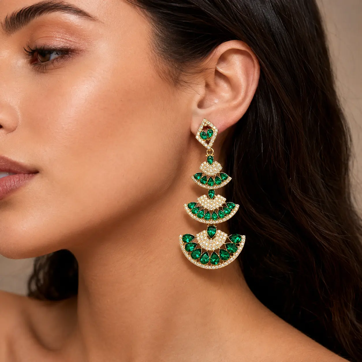 Women's Elegant Green Gemstone Earrings with Gold Accents, Fashion Costume Jewelry Accessories