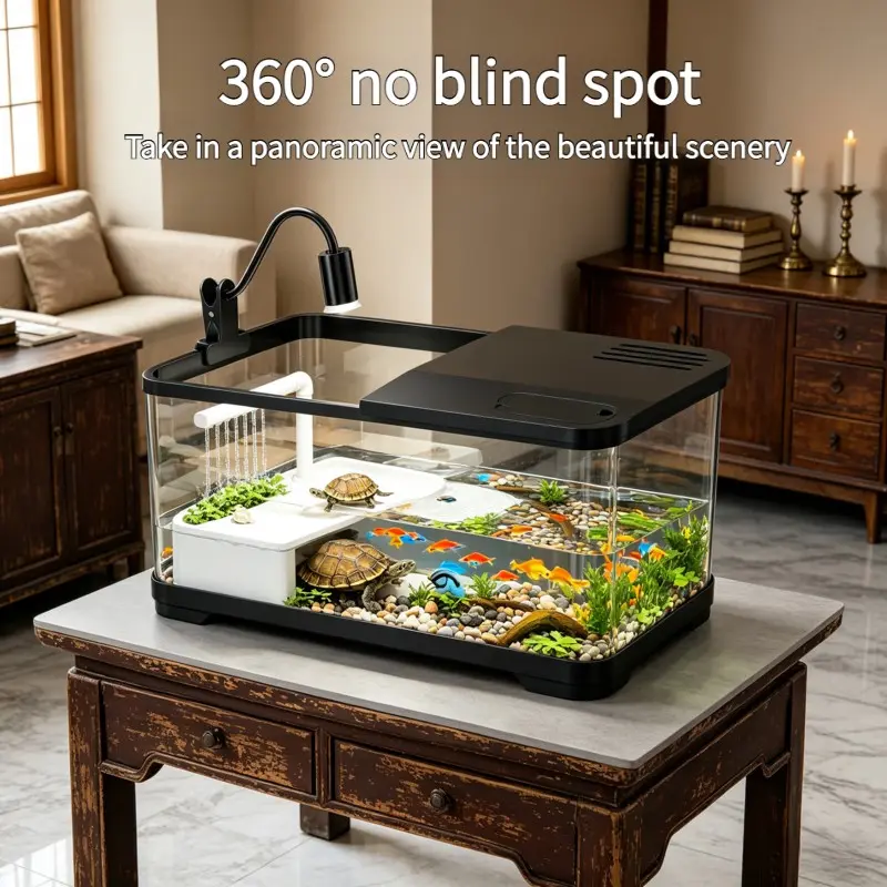 Eco Turtle Tank with Sun Deck, Reptile Tank, Home Use No Water Change, Villa Landscape Tank, Brazilian Turtle Grass Turtle Special Feeding Box, Aquatic Terrestrial Turtle Tank Fish Tank Combo, Terrarium