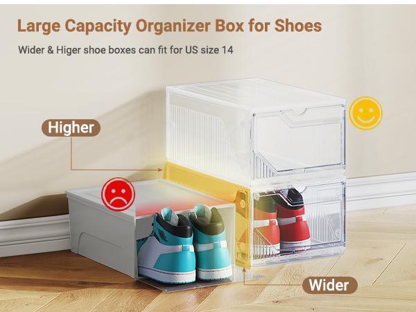 BROVIEW S6 XX-Large Shoe Sneaker Storage Boxes for Size 14, Stackable & Thicken Clear Plastic Shoe Organizers 6/8/12/15 Packs for Entryway Closet Under Bed, Shoe Storage Cabinets Container Display Case w/ Magnetic Door