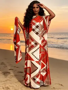 2026 New Women's 2 Piece Red & Beige Geometric Print Kaftan Maxi Dress with Matching Scarf, Silky Loose Modest Pleated Robe, Plus Size Friendly, Beach Cover Up, Resort Vacation & Evening Party Wear