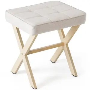 Square Linen Makeup Stool, Small Ottoman Stool Chair for Vanity, Metal X Legs, Modern Padded Seat Foot Rest for Makeup Room, Bathroom