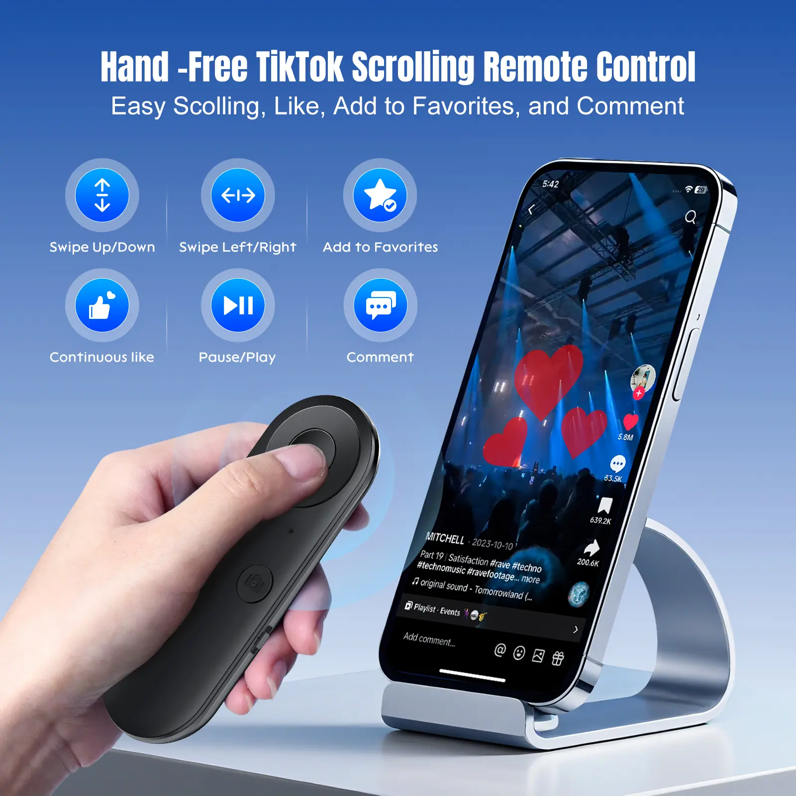 Multifunctional Phone Mouse Remote Control, Wireless Gesture Control for iPhone iPad Kindle, High Aesthetic, One-Click Wake-Up Music, Remote Button Control