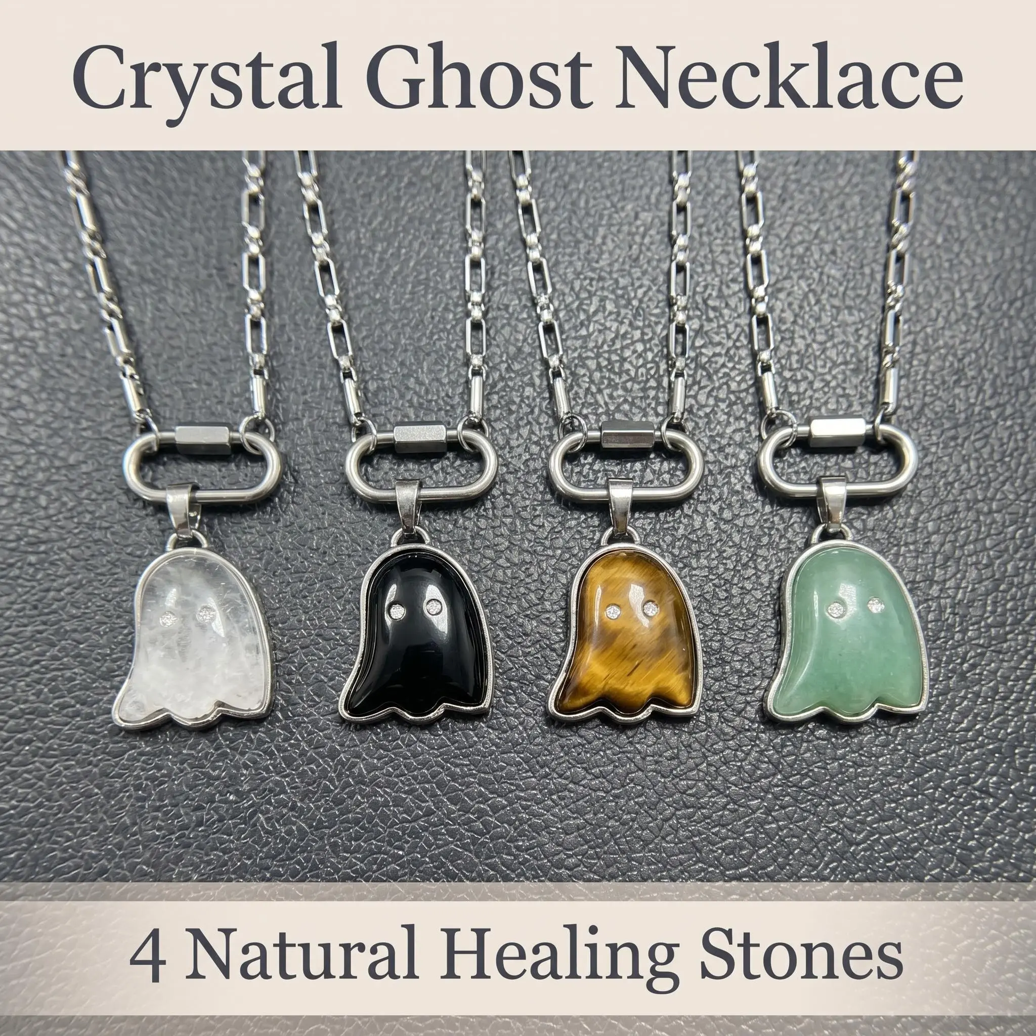 Black Onyx Ghost Necklace | Protection Crystal Pendant | Dark Aesthetic Healing Stone Jewelry | Witchy Gift for Her | Paperclip Chain 20"| Clear Quartz Tiger's Eye Black Onyx Green Aventurine | Gift For Mom Girlfriend Best Friend, Crystal Pendant