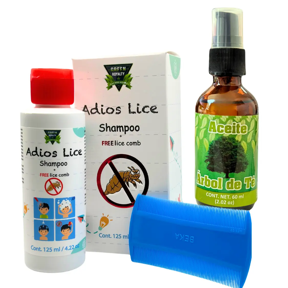 Green Royalty Lice Treatment, 3-Piece Antibacterial Haircare Set with Tea Tree Oil - Scalp Revitalizing Formula with Shampoo (125ml), Treatment (60ml) & Bonus Component (100ml) for Youth, Scalp Revitalizing Solution, Biodegradable