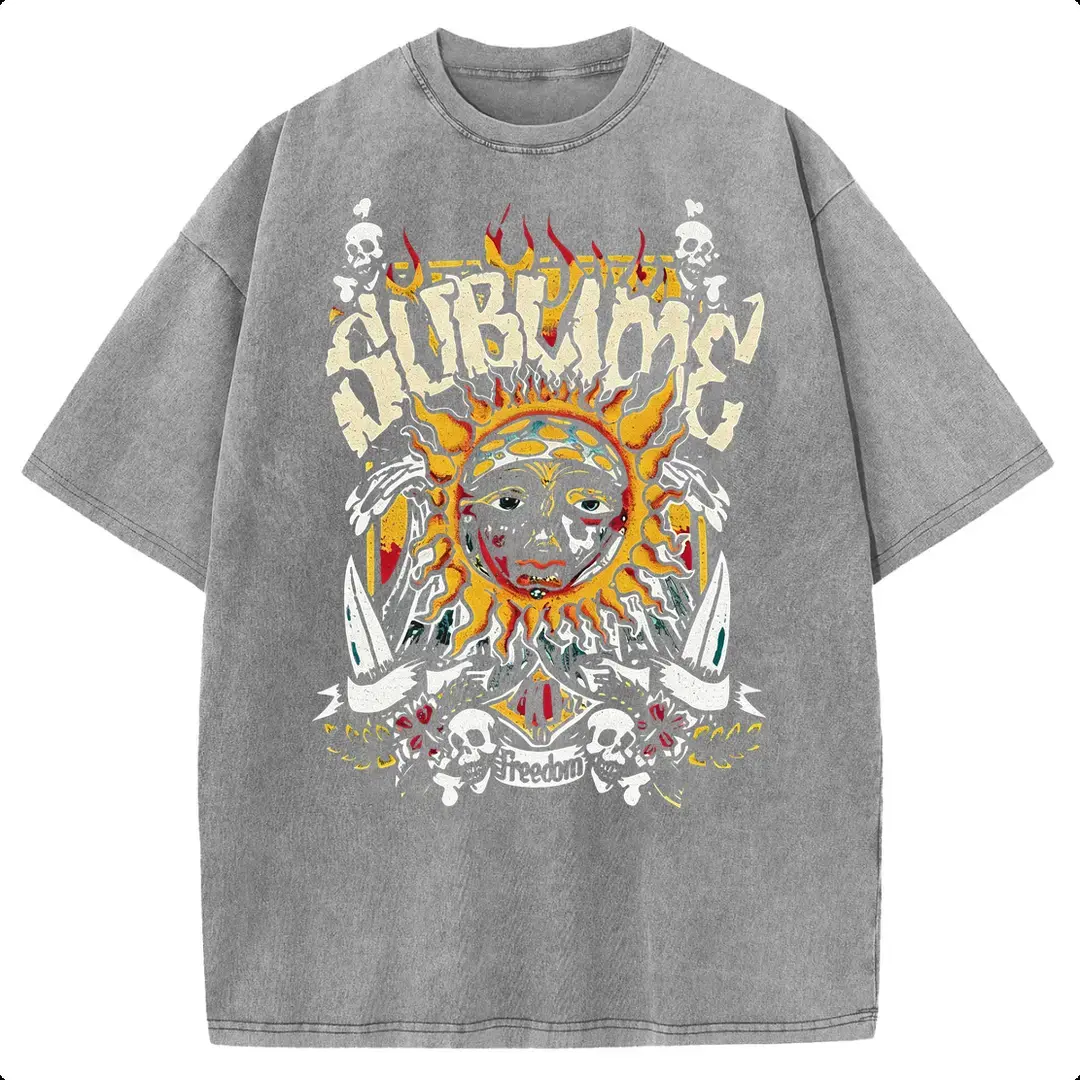 Holafish Acid Wash Vintage Sun pattern T-Shirt, Heavy Weight Cotton Streetwear graphic vintage tees Menswear Womenswear Crewneck Tshirt sassy statement tees
