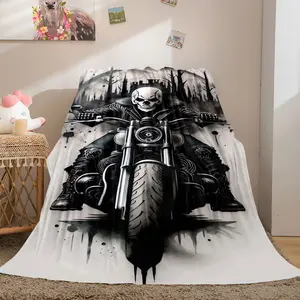 Skeleton patterned soft flannel blanket for riding motorcycles, RV home living room sofa nap, machine washable four season blanket for travel, gifts for family, friends, and car enthusiasts, All Season Blanket