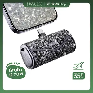 iWALK Upgraded Shiny Portable Charger 5000mAh High Capacity Compact Cordless Power Bank for iPhone 17/16/15 & Android Type-C Smartphones Black 22.5W Max Charging Cable - Chargeable