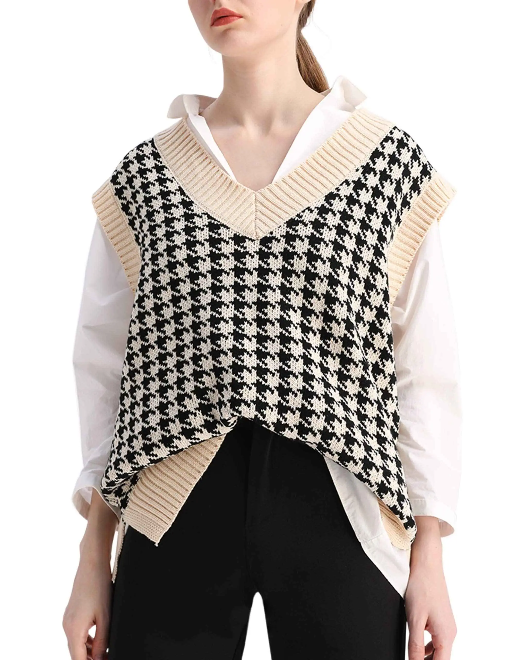 SAFRISIOR Oversized Houndstooth Sweater Vest – Classic Black‑and‑White Knit Vest for Women, Cozy Layering Piece with Relaxed Fit, Vintage‑Inspired Pattern for Fall & Winter Outfits, Perfect for Shirts, Blouses & Casual Streetwear Fashion Pullover Loose