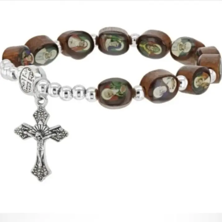 Wooden Silver Tone All Saints Of Ireland Rosary Celtic Bracelet